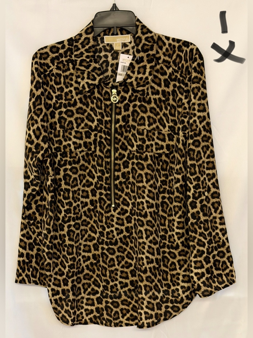 MICHAEL Michael Kors Leopard Print Zip Front Blouse - Black & Tan